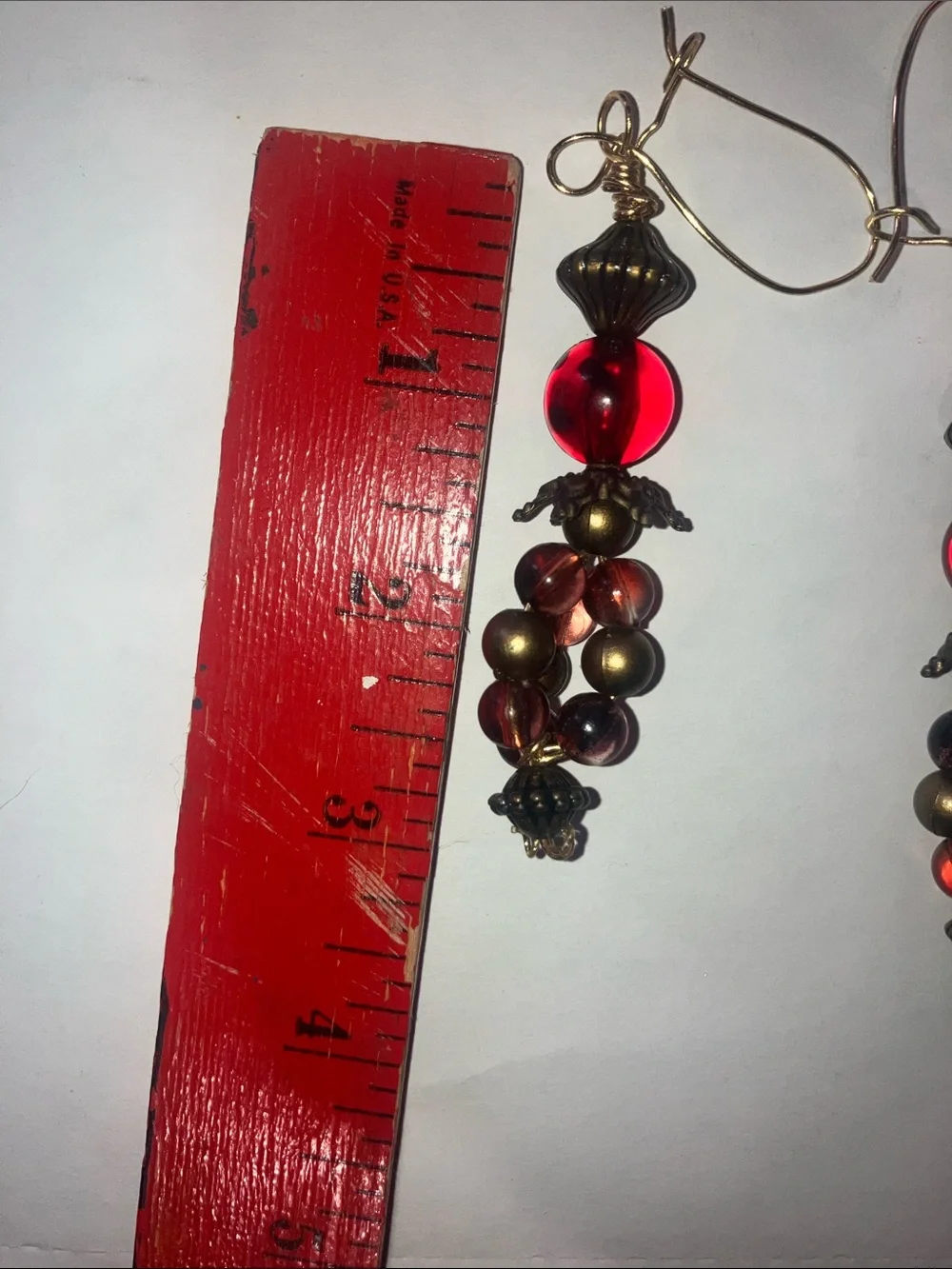 Handcrafted upcycled vintage long wire pierced red and bronze bead earrings - Picture 2 of 5